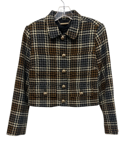 Ted Baker Size 2 Brown, Gray & Beige Acrylic Houndstooth check Crop Jacket Brown, Gray & Beige / 2