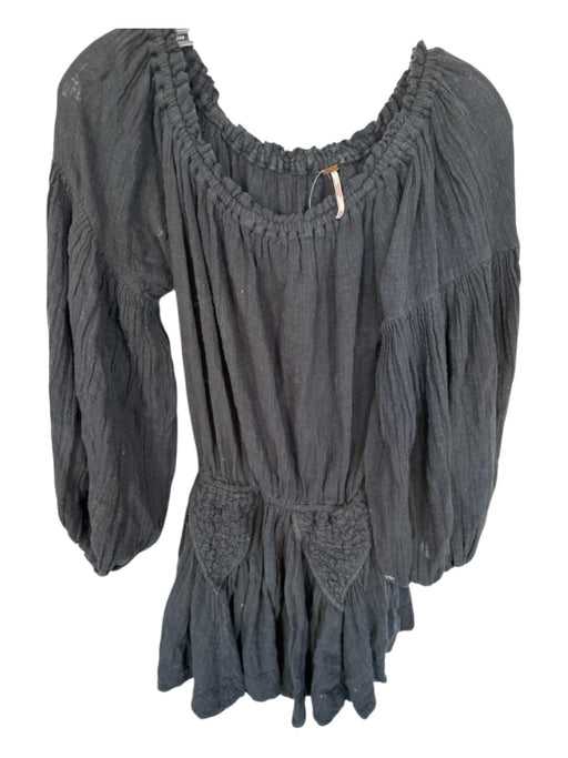 Free People Size XS Black Cotton Long Balloon Sleeve Elastic Waist Dress Black / XS