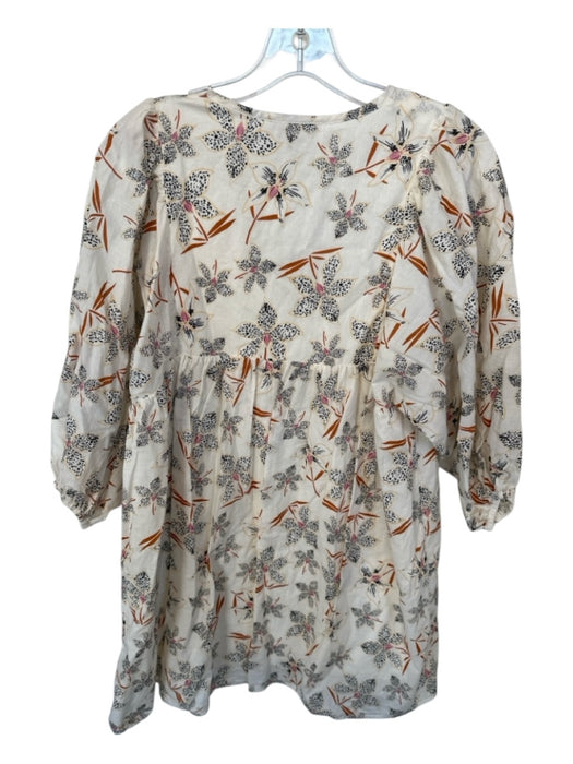 Caballero Size M Cream & Rust Cotton Long Balloon Sleeve Flowers V Neck Dress Cream & Rust / M