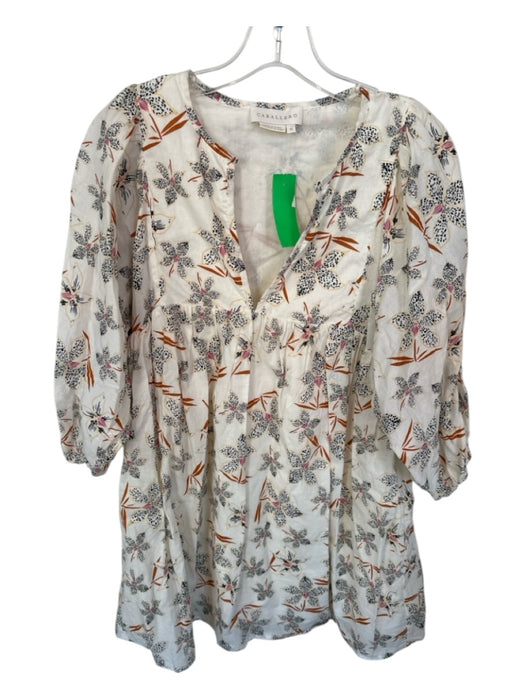 Caballero Size M Cream & Rust Cotton Long Balloon Sleeve Flowers V Neck Dress Cream & Rust / M