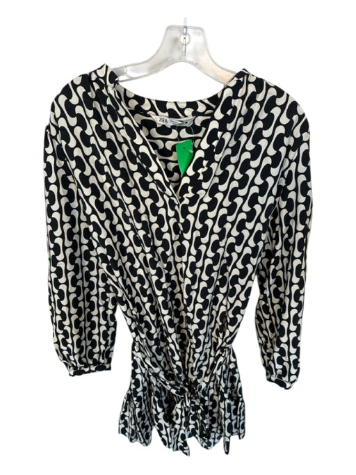 Zara Size S Cream & Black Long Sleeve Abstract Belted Dress Cream & Black / S