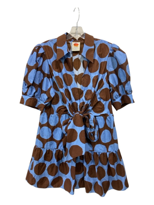 Farm Size XL Brown & Blue Cotton V Neck Polka Dot Puff Half Sleeve Mini Dress Brown & Blue / XL