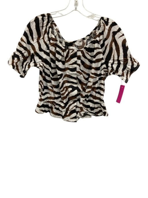 J Crew Size S Brown & White Cotton Half Sleeve Zebra Print Wide Neck Top Brown & White / S