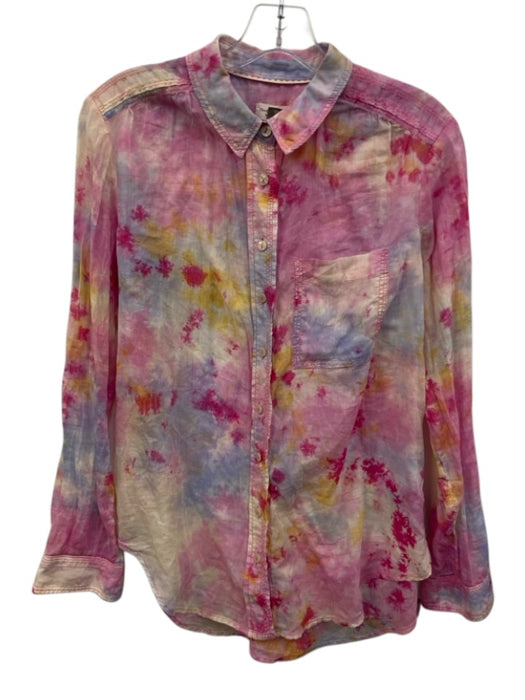 Anthropologie Size S Pink, Blue, Yellow Cotton Long Sleeve Tie Dye Collar Top Pink, Blue, Yellow / S