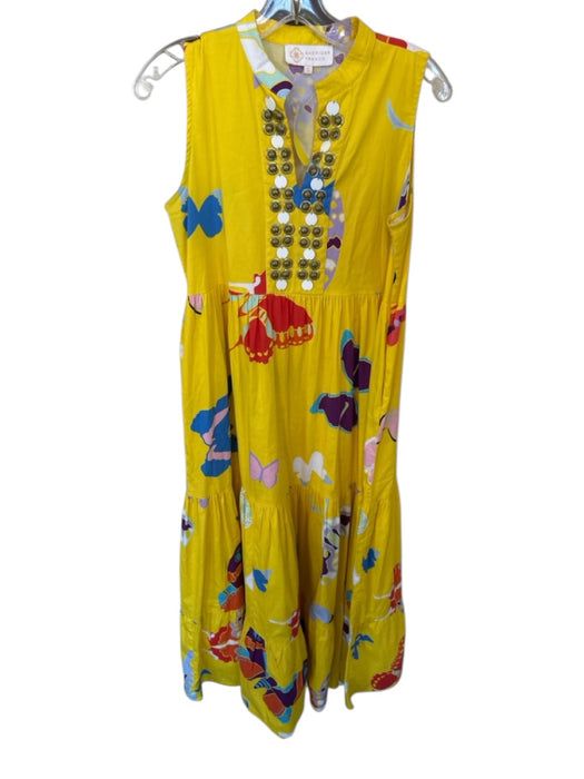 Sheridan French Size S Yellow & Blue Cotton Sleeveless Beaded Neck Maxi Dress Yellow & Blue / S