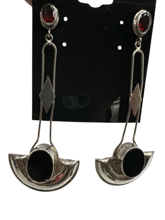 Silver, Black & Red 925 Silver Semi Precious Stone Geometric drop Earrings Silver, Black & Red