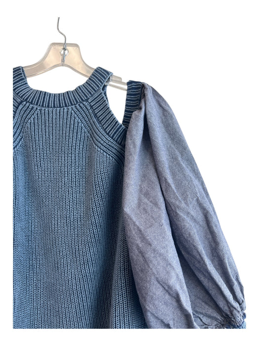 Free People Size S Blue Ramie Blend Chambray Puff Sleeve Cold Shoulder Sweater Blue / S