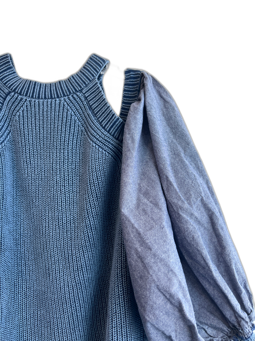 Free People Size S Blue Ramie Blend Chambray Puff Sleeve Cold Shoulder Sweater Blue / S