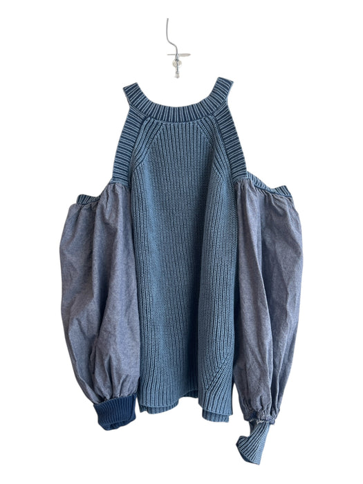 Free People Size S Blue Ramie Blend Chambray Puff Sleeve Cold Shoulder Sweater Blue / S