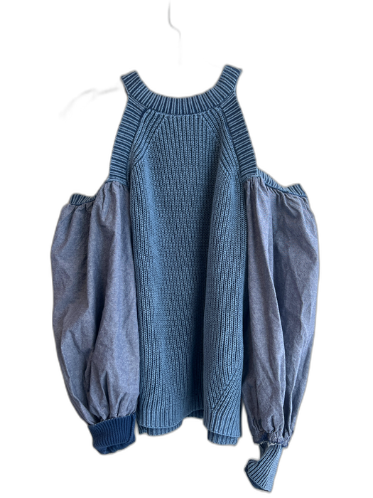Free People Size S Blue Ramie Blend Chambray Puff Sleeve Cold Shoulder Sweater Blue / S
