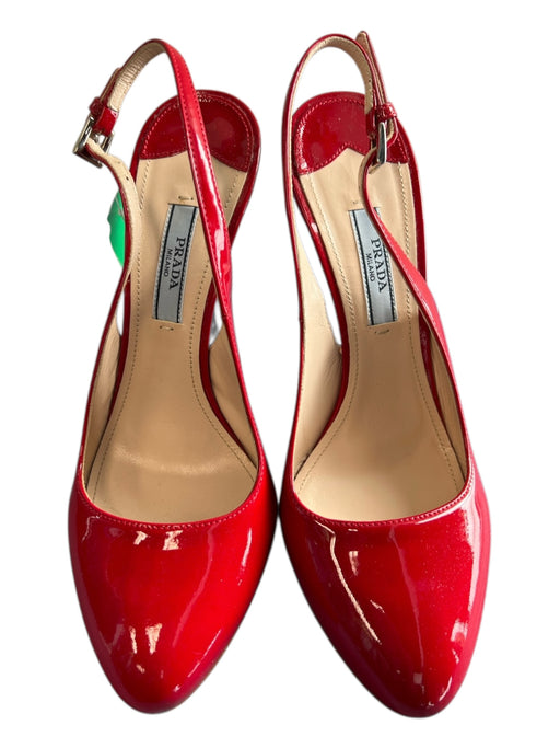 Prada Shoe Size 37 Red Patent Leather silver tone hardware Almond Toe Pumps Red / 37