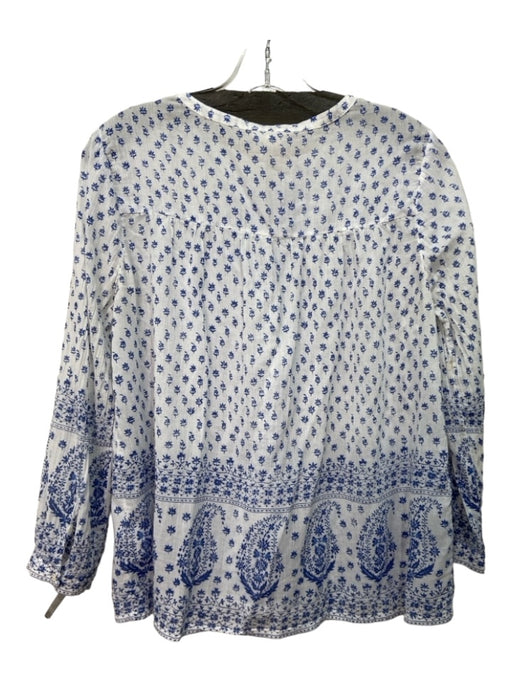 Soft Joie Size M White & Blue Cotton Floral Round Split Neck Long Sleeve Top White & Blue / M