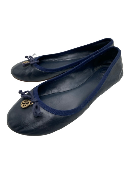 Tory Burch Shoe Size 5 Navy Leather round toe Closed Heel Gold Logo Bow Flats Navy / 5