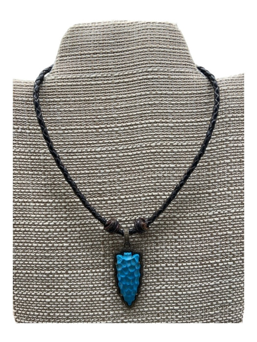 Brown & Blue Stone Leather Carved Arrowhead Pendant Braided Necklace Brown & Blue