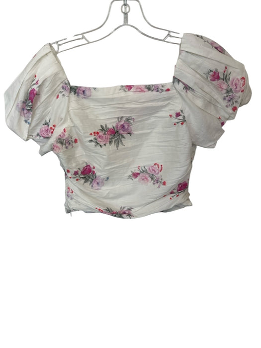 Loveshackfancy Size 2 White & Pink Cotton Short Balloon Sleeve Flowers Top White & Pink / 2