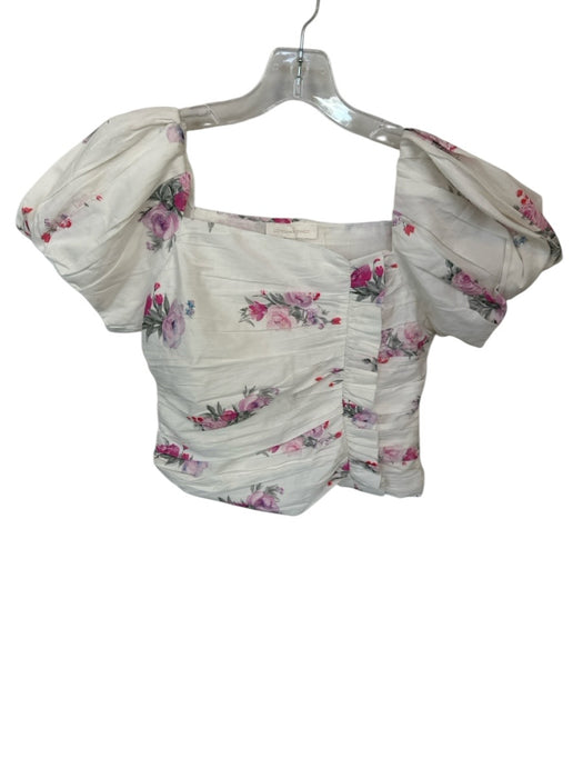 Loveshackfancy Size 2 White & Pink Cotton Short Balloon Sleeve Flowers Top White & Pink / 2