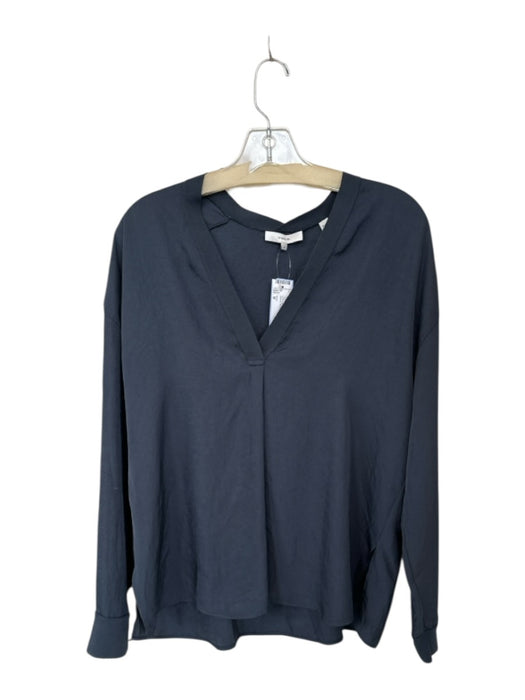 Vince Size M Charcoal Triacetate High Low Long Sleeve Ribbed Hem V Neck Top Charcoal / M