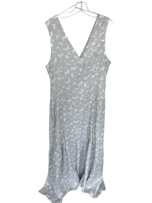 Rosso35 Size 46 Gray & White Linen V Neck Side Zip Maxi Dots Dress Gray & White / 46