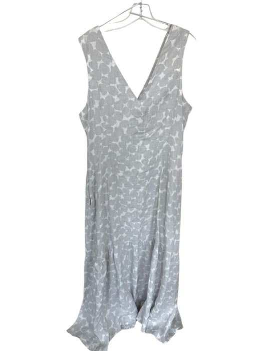 Rosso35 Size 46 Gray & White Linen V Neck Side Zip Maxi Dots Dress Gray & White / 46