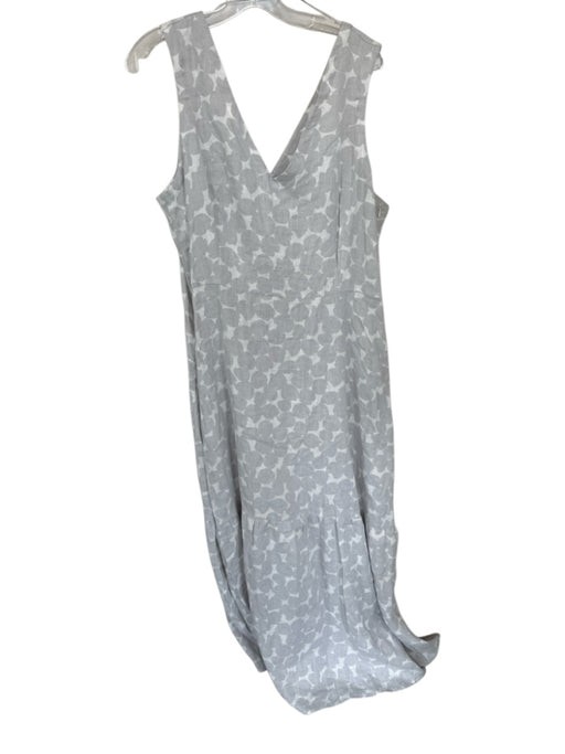 Rosso35 Size 46 Gray & White Linen V Neck Side Zip Maxi Dots Dress Gray & White / 46