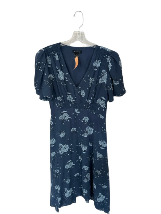Club Monaco Size 10 Navy & Blue Silk Short Balloon Sleeve Flowers Maxi Dress Navy & Blue / 10