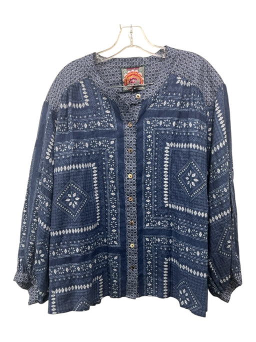 Johnny Was Size XL Blue & White Linen Long Sleeve Mixed Print Short Set Blue & White / XL