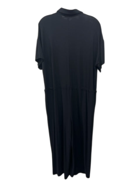 Eileen Fisher Size M Black Viscose Quarter Button Drawstring Short Sleeve Dress Black / M