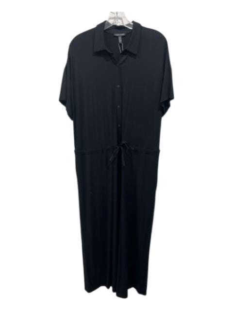 Eileen Fisher Size M Black Viscose Quarter Button Drawstring Short Sleeve Dress Black / M