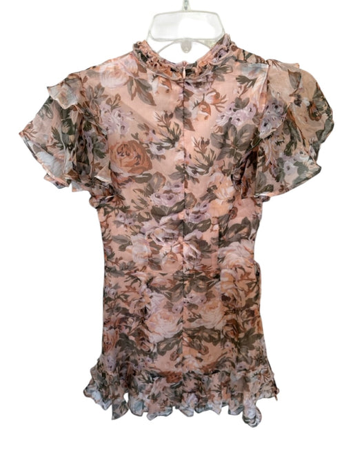 Hello Molly Size XS Peach & Green Polyester Short Sleeve Flowers Back Zip Dress Peach & Green / XS