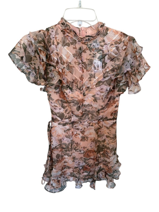 Hello Molly Size XS Peach & Green Polyester Short Sleeve Flowers Back Zip Dress Peach & Green / XS