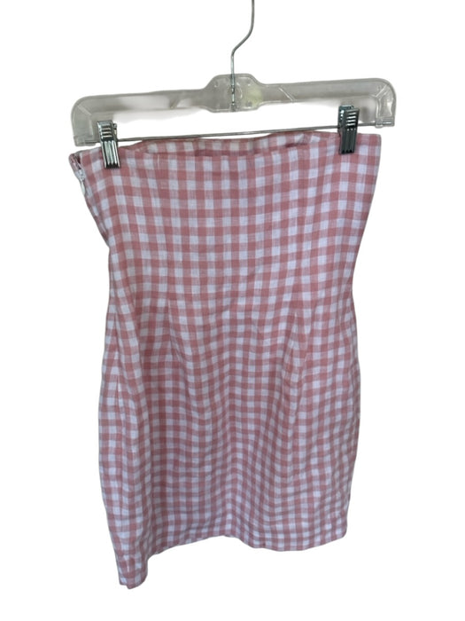 Posse Size XS White & Pink Linen Strapless Gingham Boning Side Zip Dress White & Pink / XS