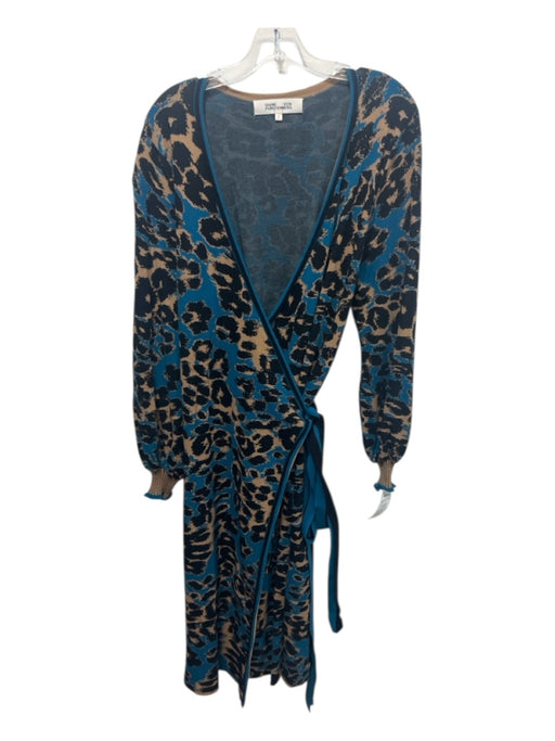 Diane Von Furstenberg Size L Blue, Tan & Black Rayon Blend Wrap Cardigan Sweater Blue, Tan & Black / L