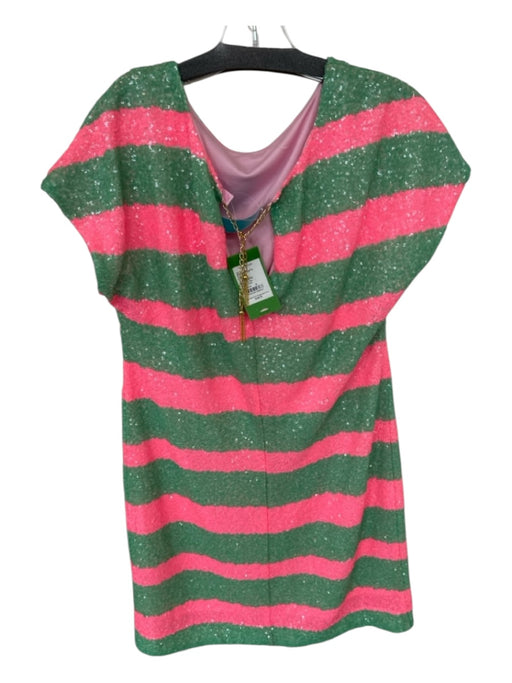 Lilly Pulitzer Size M Pink & Green Sequin Cap Sleeve Striped V Back GHW Dress Pink & Green / M