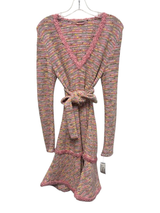 Alexis Size S Pink, Purple, Multi Cotton Blend Long Sleeve Tweed V Neck Dress Pink, Purple, Multi / S