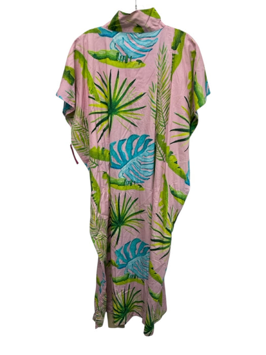 Holly Shae Design Size M/L Pink, Green, Blue Cotton Cap Sleeve Leaf Print Dress Pink, Green, Blue / M/L