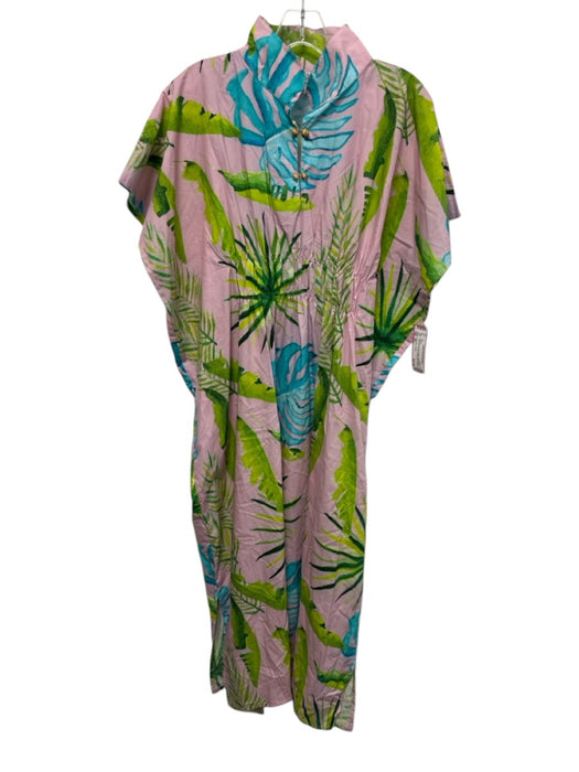 Holly Shae Design Size M/L Pink, Green, Blue Cotton Cap Sleeve Leaf Print Dress Pink, Green, Blue / M/L
