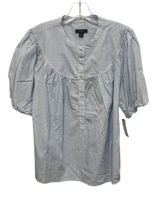 J Crew Size XL Blue & White Cotton Short Puff Sleeve Stripe 1/4 Button Top Blue & White / XL