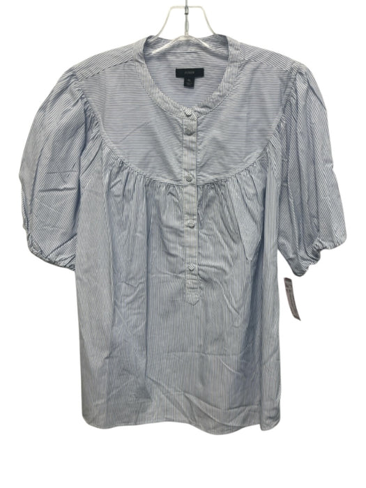 J Crew Size XL Blue & White Cotton Short Puff Sleeve Stripe 1/4 Button Top Blue & White / XL