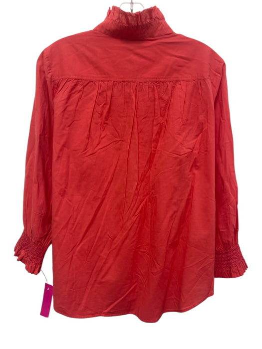 Tuckernuck Size L Coral Pink Cotton 3/4 Sleeve Ruffle mock neck 1/4 Button Top Coral Pink / L