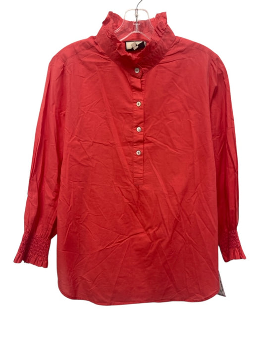 Tuckernuck Size L Coral Pink Cotton 3/4 Sleeve Ruffle mock neck 1/4 Button Top Coral Pink / L