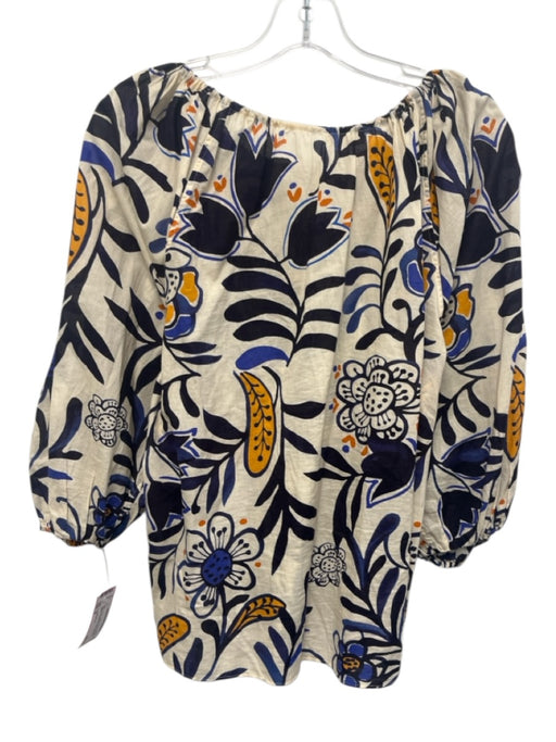 Ann Mashburn Size M Beige, Blue, Yellow Cotton 3/4 Puff Sleeve Floral Print Top Beige, Blue, Yellow / M