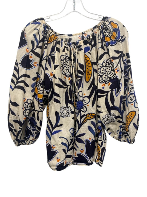 Ann Mashburn Size M Beige, Blue, Yellow Cotton 3/4 Puff Sleeve Floral Print Top Beige, Blue, Yellow / M