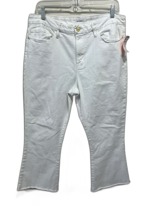 Frame Size 33 White Cotton Denim Zip & Button 5 Pocket Frayed Hem Crop Jeans White / 33