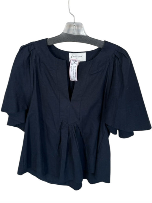 Pomander Place Size XS Navy Cotton Short Sleeve V Neck Pleat Detail Top Navy / XS