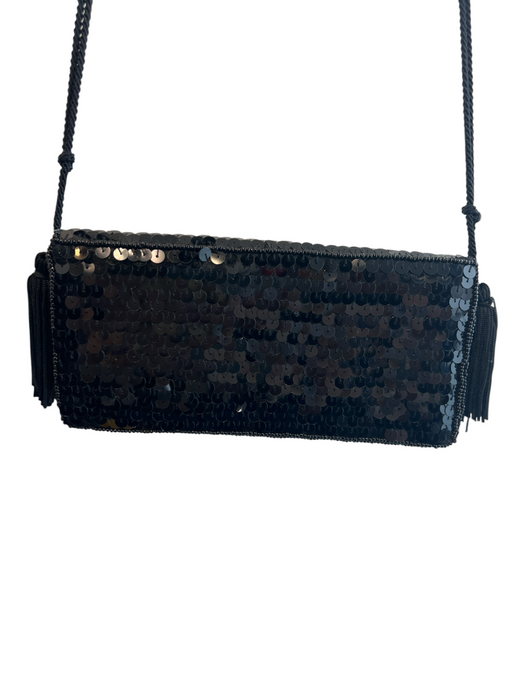 La Regale Black Sequin Cord Envelope Flap Snap Button Tassels Bag Black / Mini