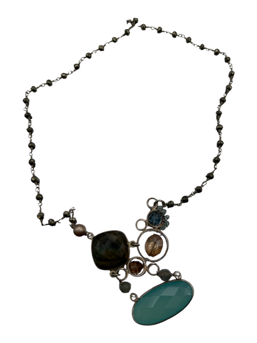 Anna Balkan Brown & Blue Silver Bead Gemstone Sparkle Long Necklace Brown & Blue