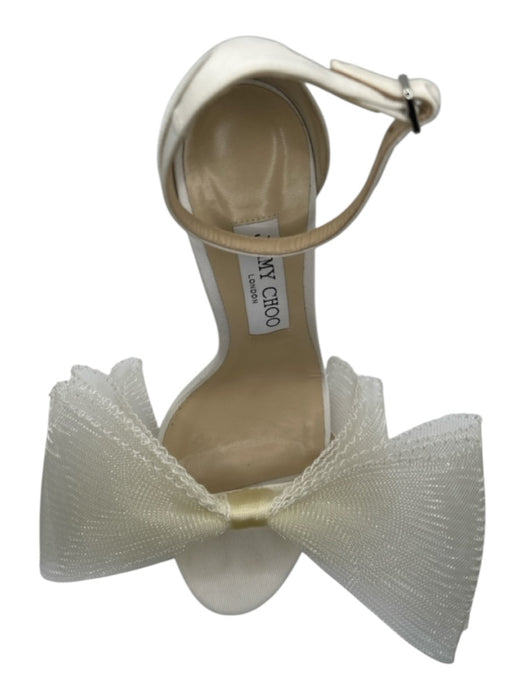 Jimmy Choo Shoe Size 39 Ivory Canvas Tulle Bow Stiletto Ankle Strap Sandals Ivory / 39
