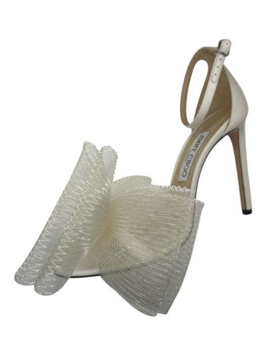 Jimmy Choo Shoe Size 39 Ivory Canvas Tulle Bow Stiletto Ankle Strap Sandals Ivory / 39