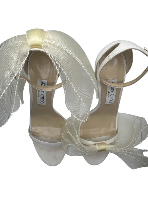 Jimmy Choo Shoe Size 39 Ivory Canvas Tulle Bow Stiletto Ankle Strap Sandals Ivory / 39