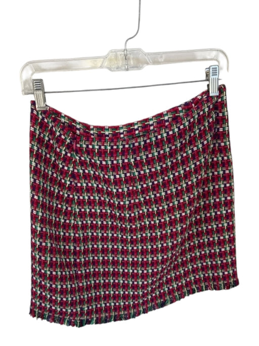 Zara Size M Pink & Green Cotton Blend Tweed Basket Weave Fringe Skirt Pink & Green / M